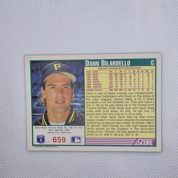 1991 Score Dann Bilardello Pittsburgh Pirates #659 Baseball Card - Picture 3 of 4